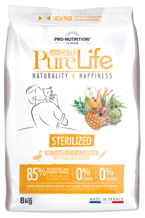 Pure Life Cat STERILIZED - Суха храна за кастрирани котки с патешко и сардини, без зърнени култури и глутен 2 кг.
