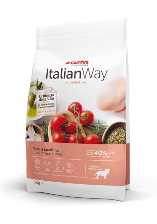 Italian Way Junior Medium/Maxi - Суха храна за средни и едри, подрастващи кученца с ПРЯСНО пилешко и пуешко месо - БЕЗ ГЛУТЕН 12 кг.