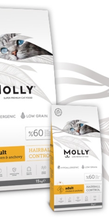 Molly Hairball Control Adult - Пълноценна храна за котки против образуване на космени топки с пиле и аншоа 15 кг.