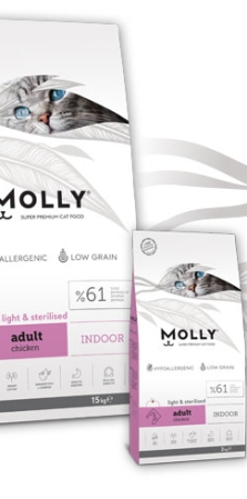 Molly Adult Light & Sterilised Indoor - Пъбноценна храна за кастрирани котки, живеещи на закрито с пиле 15 кг.