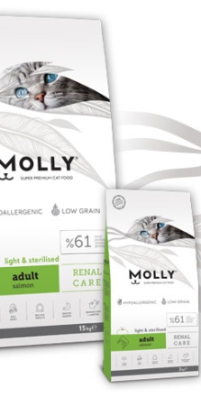 Molly RENAL CARE Light & Sterilised Salmon - Пълноценна храна за кастрирани котки със сьомга 15 кг.