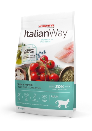 Italian Way Sterilized GRAIN FREE - Пълноценна храна за кастрирани котки с пъстърва и боровинки - БЕЗ зърнени култури 8 кг.