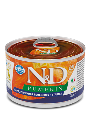 Консерва ND Pumpkin Mini Starter - Пълноценна храна за подрастващи кученца до 2м. и бременни с агнешко, тиква и боровинки 140 г.