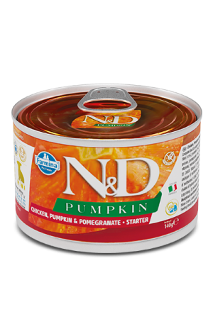 Консерва ND Pumpkin Mini Starter - Пълноценна храна за подрастващи кученца до 2м. и бременни с пиле, тиква и нар140 г.