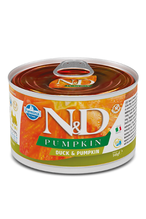 Консерва ND Pumpkin Mini Starter - Пълноценна храна за подрастващи кученца до 2м. и бременни с патица и тиква 140 г.