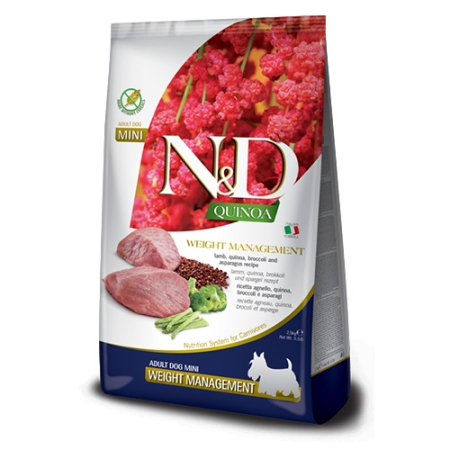 N&D QUINOA Weight Management Mini adult – Пълноценна храна за кучета от малки породи с агнешко, киноа и броколи 800 гр.