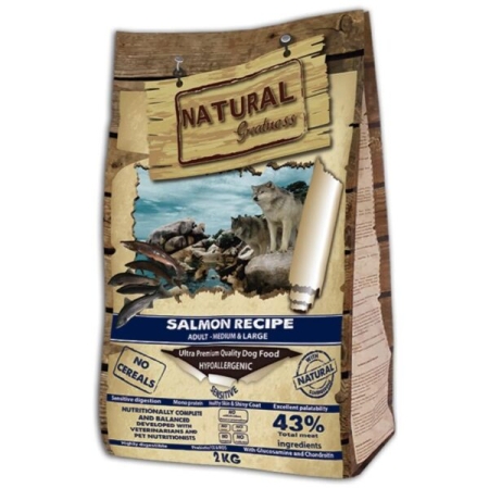 NATURAL Greatness Salmon Recipe Sensitive Adult Medium & Large - Суха храна със сьомга за израстнали кучета от средни и големи породи 2 кг.