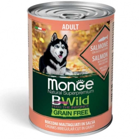 Monge BWILD Adult Grain Free Salmon Pumpkin & Zucchini- Консерва със сьомга, тиква и тиквички за кучета над 1г., 12бр. х 400 гр.
