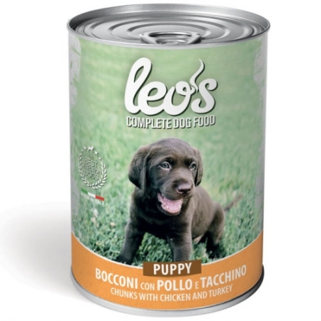 Monge Leo’s Puppy Chunks with Chicken & Turkey - Консерва с пилешко и пуешко за кучета под 1 г., 12бр. х 415 гр.