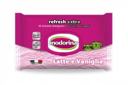 Inodorina - Refresh Extra - Мокри кърпички с мляко и ванилия за кучета и котки, 40 бр.