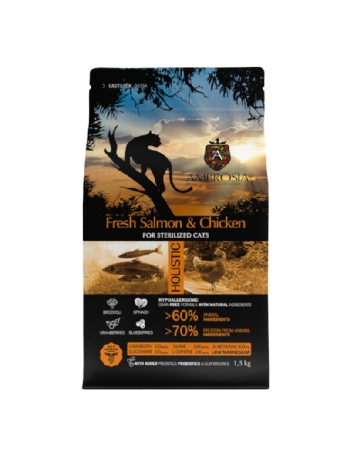 Ambrosia - Sterilized Cat - Chicken & Salmon - Суха храна за кастрирани котки, с пиле и сьомга, 1.5 кг.