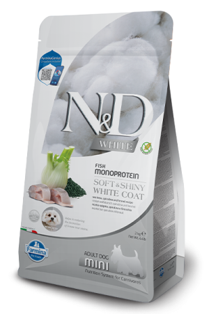 N&D WHITE DOG SEA BASS, SPIRULINA & FENNEL ADULT MINI - Храна за кучета с бяла козина от дребни породи над 1 г., 2 кг.