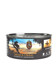 Ambrosia - Мокра храна за кастрирани, възрастни и котки с наднормено тегло, със сьомга и пиле, 150 гр.
