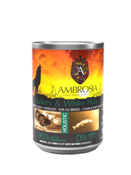 Ambrosia - Мокра храна за кастрирани, възрастни и кучета с наднормено тегло, с пуйка и бяла риба, 400гр.