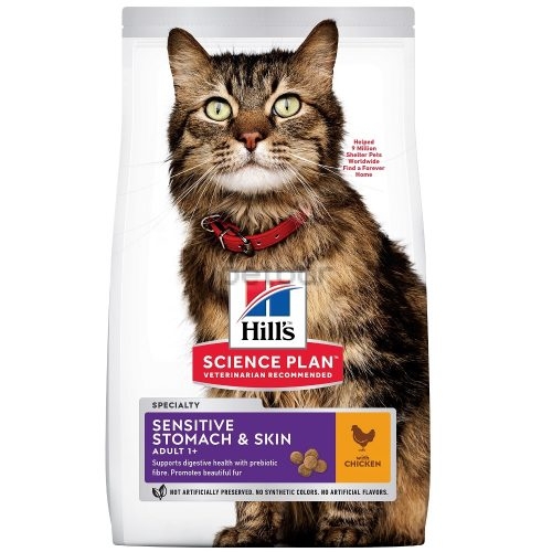 Hills Science Plan Sensitive Stomach & Skin Adult с пилешко – Пълноценна храна за  котки над 1 год. с чувствителен стомах и кожа 1,5.