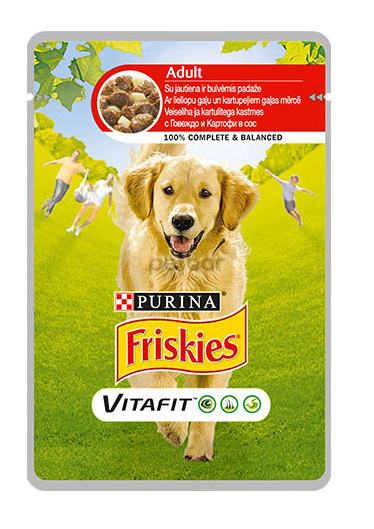 PURINA FRISKIES ПАУЧ - Мокра храна за кучета в зряла възраст с Говеждо и картофи, 100 гр.