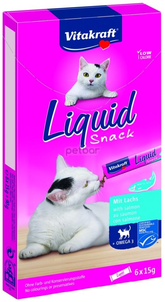 Витакрафт Cat Liquid Snack – течно лакомство за котки със сьомга и Омега-3, без захар. 