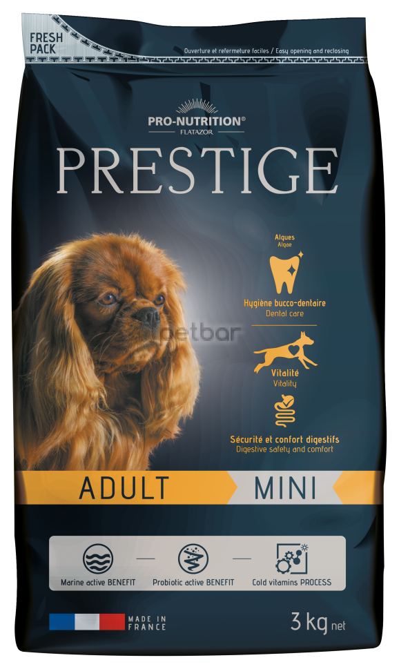Pro-Nutrition Flatazor Prestige Adult Mini - Пълноценна основна храна за пораснали кучета от малки породи, съдържаща 77% протеини от животински произход, 3 кг 