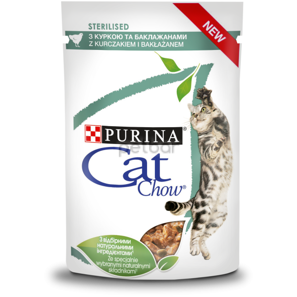 PURINA CAT CHOW STERILISED - Пауч за кастрирани котки над 1 година с Пиле и Патладжан в сос, 85гр.