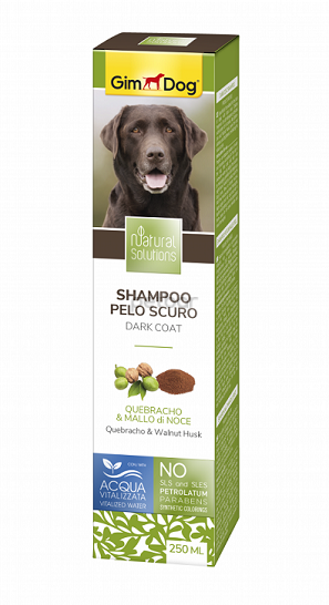 Шампоан за кучета с тъмна козина  продукт от линията Natural Solutions на GimDog  с кебрачо и орехова обвивка 250 ml