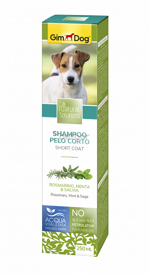 Шампоан за късокосмести кучета  продукт от линията Natural Solutions на GimDog  с розмарин, мента и салвия (градински чай) 250 ml