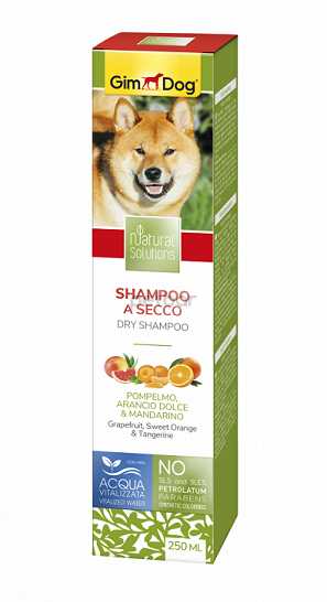 Сух шампоан за кучета  продукт от линията Natural Solutions на GimDog  с грейпфрут, портокал и мандарина 250 ml