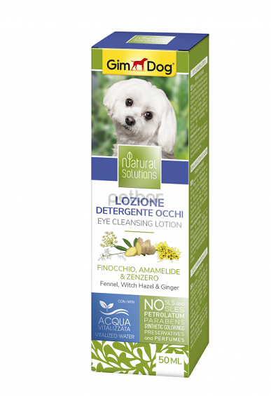Eye cleansing lotion – Лосион за почистване на очи   продукт от линията Natural Solutions на GimDog  с див копър, хамамелис и джинджифил 50 ml