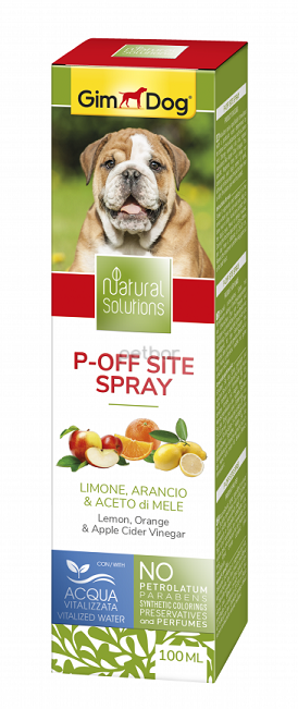 P-Off Site Spray - Отблъскващ спрей  (срещу нежелано уриниране на определени места)  продукт от линията Natural Solutions на GimDog  с лимон, портокал и ябълков оцет 100 ml
