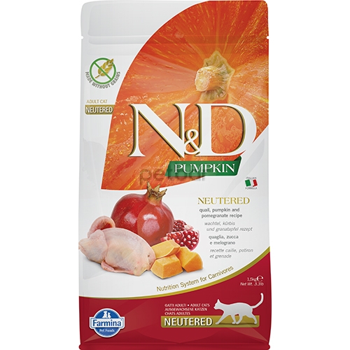 N&D Quail&Pomegranate NEUTERED – Пълноценна храна за кастрирани котки с пъдпъдък, тиква и нар 1.5 кг.