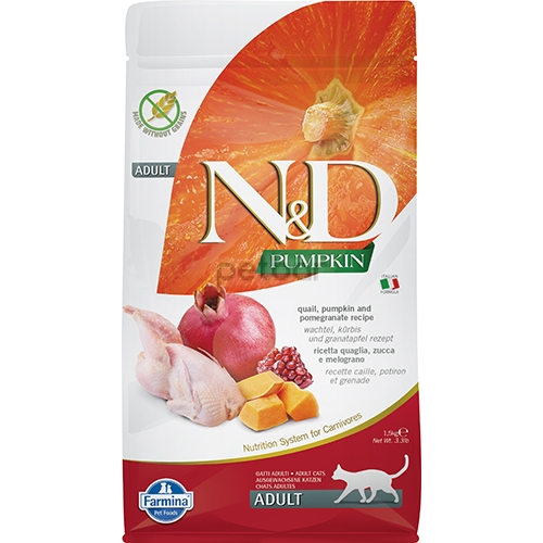 N&D Quail&Pomegranate – Пълноценна храна за котки в зряла възраст с пъдпъдък, тиква и нар 1.5 кг.