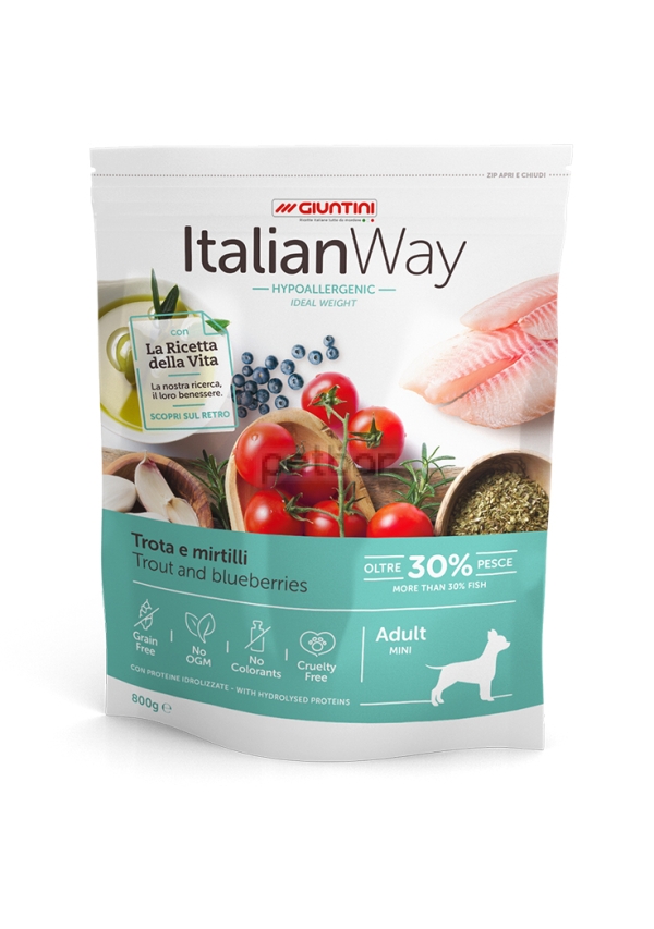 Italian Way Mini GRAIN FREE - Хипоалергенна храна за кучета от дребни породи за идеално тегло с ПРЯСНА пъстърва - БЕЗ ЗЪРНО 8 кг.