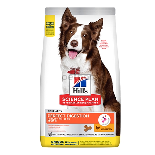 Hills SP Adult Perfect Digestion Medium – За средни породи кучета над 1 година с пилешко и кафяв ориз, за отлично храносмилане 2.5 кг.