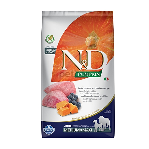 N&D DOG Pumpkin ADULT Medium Maxi - Пълноценна храна за кучета от средни и едри породи в зряла възраст с агнешко, тиква и боровинки 2.5 кг. 
