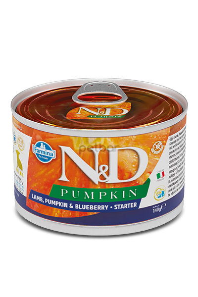 Консерва ND Pumpkin Mini Starter - Пълноценна храна за подрастващи кученца до 2м. и бременни с агнешко, тиква и боровинки 140 г.