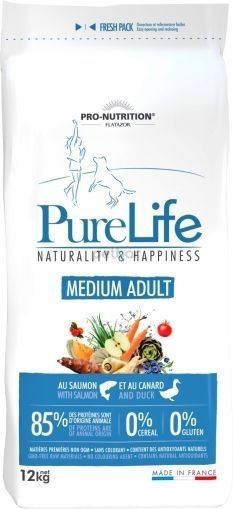 Pro-Nutrition Flatazor Pure Life Medium Adult - Пълноценна храна за пораснали кучета, без зърнени култури със сьомга и патица 12 + 3 кг