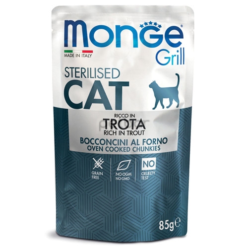 Monge Grill Sterilised с пъстърва – пауч с хапки в желе – за кастрирани котки в зряла възраст, 12бр х 85 гр.