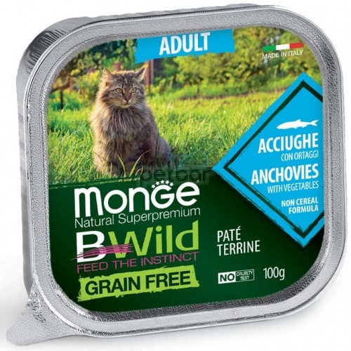 Monge BWILD Grain Free Adult - Пастет терин без зърно с аншоа и зеленчуци за котки над 1 г., 12бр х 100 гр.
