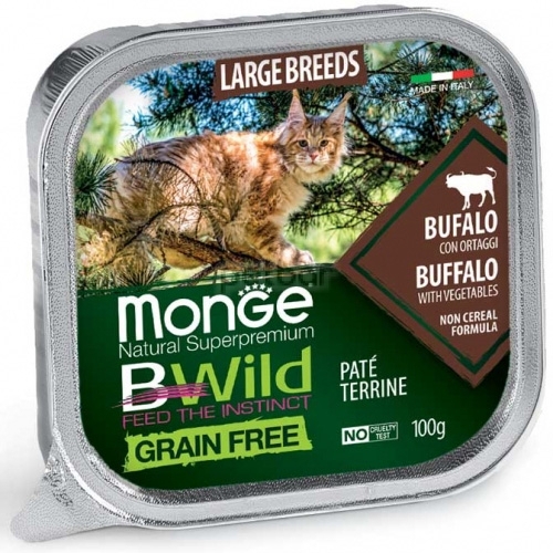 Monge BWILD Grain Free Large Breeds - Пастет терин без зърно с биволско и зеленчуци за котки от едри породи, 12бр х 100 гр.