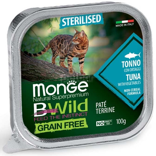 Monge BWILD Grain Free Sterilised - Пастет терин без зърно с риба тон и зеленчуци за кастрирани котки над 1 г., 12бр х 100 гр.