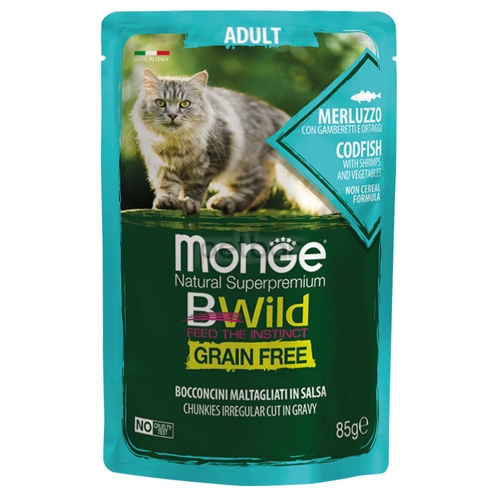 Monge BWILD Grain Free Adult – Пауч с риба треска, скариди и зеленчуци, без зърно, за котки над 1 г., 12бр х 85 гр.