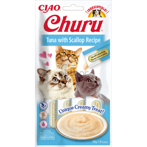 Inaba Churu Puree - Лакомство за котки нежен крем с риба тон и миди, 4 бр. в опаковка х 14 гр.