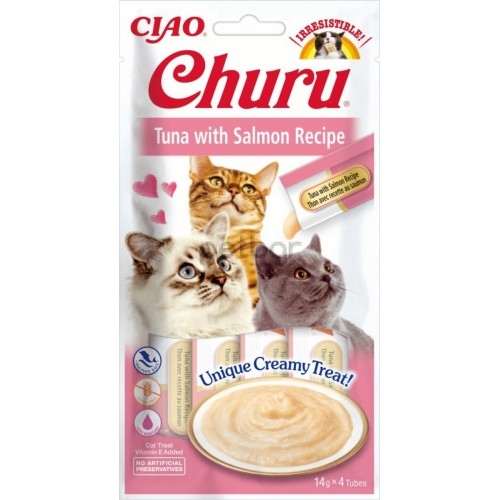 Inaba Churu Puree - Лакомство за котки нежен крем с риба тон и сьомга, 4 бр. в опаковка х 14 гр.