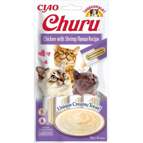 Inaba Churu Puree - Лакомство за котки нежен крем с пиле и скариди, 4 бр. в опаковка х 14 гр.