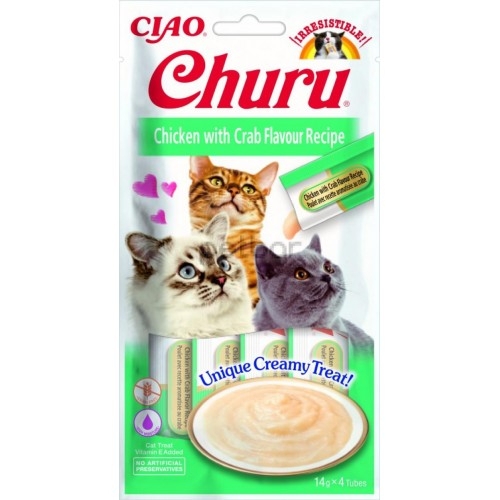Inaba Churu Puree - Лакомство за котки нежен крем с пиле и раци, 4 бр. в опаковка х 14 гр.