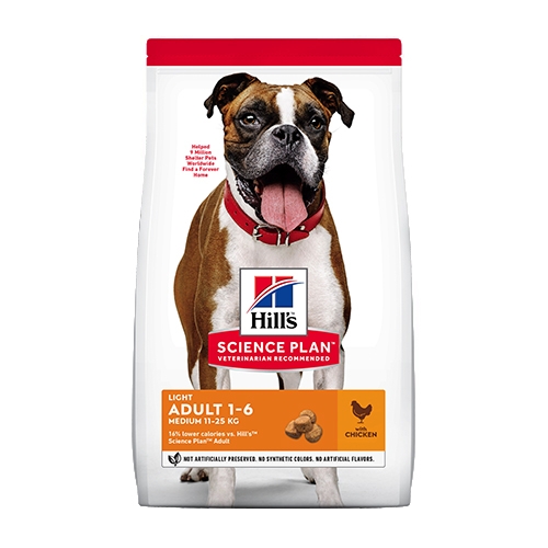 Hills SP Dog Adult LIGHT Medium 12+2кг. с пилешко - нискокалорична храна за слабоактивни кучета в зряла възраст от дребни и средни породи