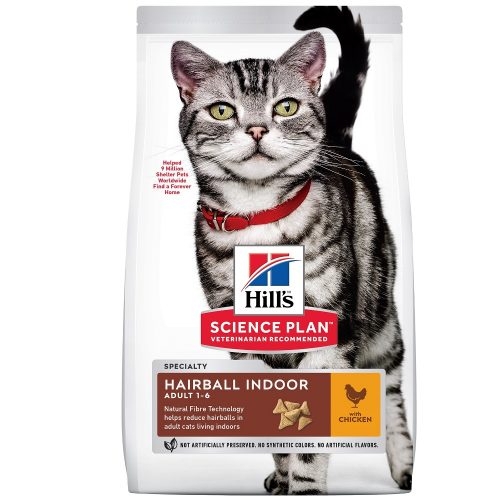 Hills Science Plan Adult Hairball Indoor Cat с пилешко – пълноценна храна за котета, живеещи на закрито, спомага намаляването на космените топки, 1-6 год. 300 гр.