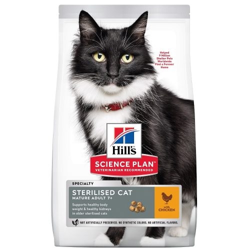 Hills Science Plan Sterilised Mature Adult 7+ с пилешко – Храна за кастрирани котки в напреднала възраст над 7+ г. 1,5 кг.