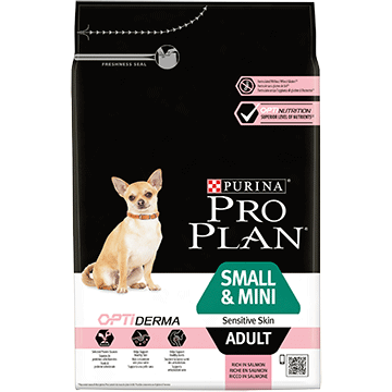 PURINA PRO PLAN Dog Small & Mini Adult с OPTIDERMA - Суха храна със сьомга за кучета в зряла възраст от дребни и мини породи с чувствителна кожа,700g
