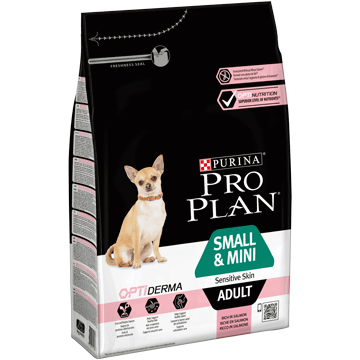 PURINA PRO PLAN Dog Small & Mini Adult с OPTIDERMA - Суха храна със сьомга за кучета в зряла възраст от дребни и мини породи с чувствителна кожа,700g