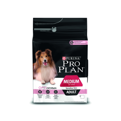 PURINA PRO PLAN Dog Medium Adult с OPTIDERMA -Суха храна със сьомга за кучета в зряла възраст от средни породи с чувствителна кожа, 14kg